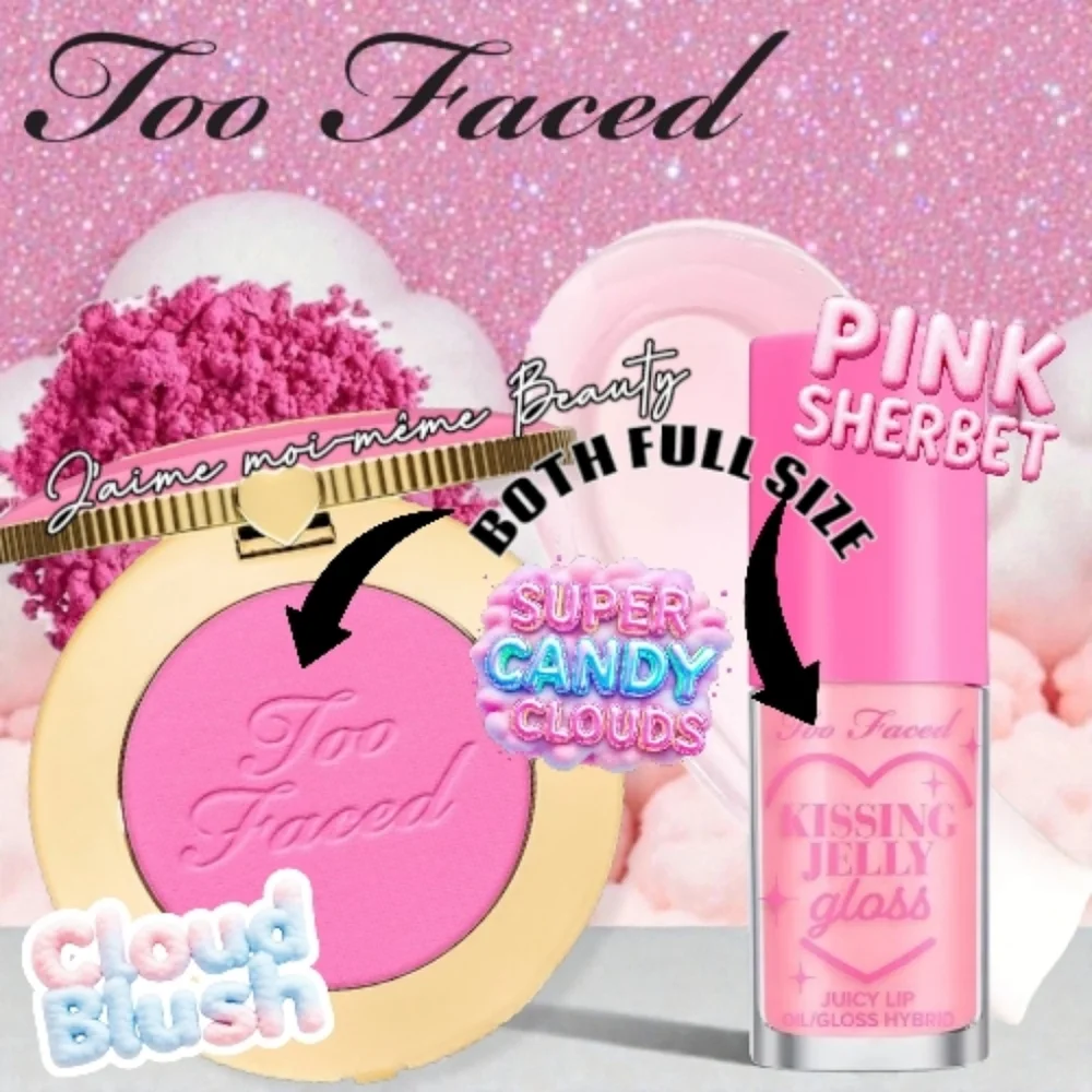 Too Faced Super Candy Clouds Barbie Pink Blush Sherbet Baby Milky Pink Lip Jelly